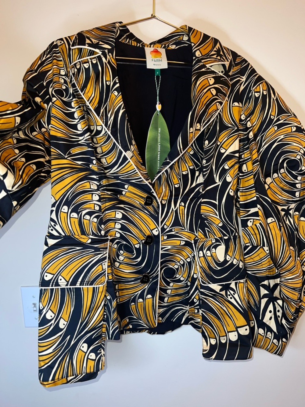 Farm Rio Toucan Spirals Blazer NWT Off White Tropical Print Jacket S - Picture 12 of 16